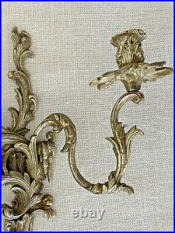 Pair Vintage French Rococo Style 2 Arm Brass Candle Wall Sconces Regency