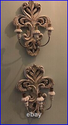 Pair Vintage French Wood Triple Candle Sconces Measuring 10 1/2 W X 15 Long