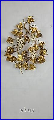 Pair Vintage Gold Gilt Metal Wall sconce candle holders white grapes Italian