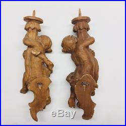 Pair Vintage Hand Carved Wood Wall Angel Cherub Putto Boy 12 Candle Holders