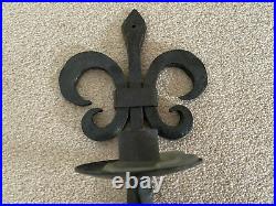 Pair Vintage Hand Forged Wrought Iron Fleur-de-lis Wall Sconce Candle Holders
