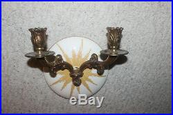 Pair Vintage Hand Painted Ceramic Brass Wall Sconces Candle Holders Antique