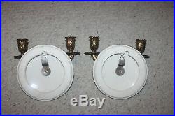 Pair Vintage Hand Painted Ceramic Brass Wall Sconces Candle Holders Antique
