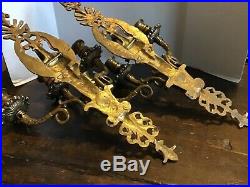 Pair Vintage Heavy Ornate Gold/ Brass Tone 3 Arm Wall Candle Sconces Eagle