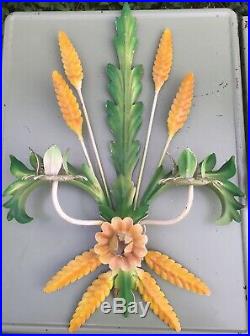 Pair Vintage Italian Painted Tole Candle Holder Wall Sconces Wheat Flower Italy