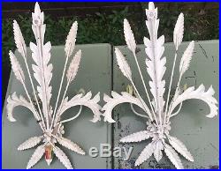 Pair Vintage Italian Painted Tole Candle Holder Wall Sconces Wheat Flower Italy