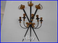 Pair Vintage Italian Tole Gilt Wall Sconces Candle Holders Hollywood Regency