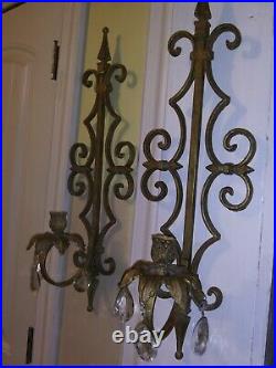 Pair Vintage Large Heavy Wrought Iron Wall Candle Holder Sconces With Crystals