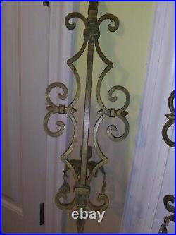 Pair Vintage Large Heavy Wrought Iron Wall Candle Holder Sconces With Crystals