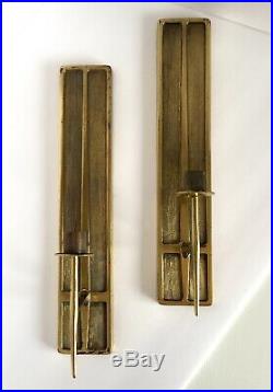 Pair Vintage MCM Brass Wall Sconces Candleholder Metal Gold Thin 16 Long 60's