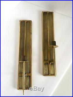 Pair Vintage MCM Brass Wall Sconces Candleholder Metal Gold Thin 16 Long 60's