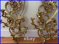 Pair Vintage Mid Century Syroco 5 Candle 35 Wall Sconce Gold Plastic