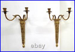 Pair Vintage Neoclassical Brass Wall Sconce Candle Holders Dual Arm