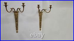 Pair Vintage Neoclassical Brass Wall Sconce Candle Holders Dual Arm