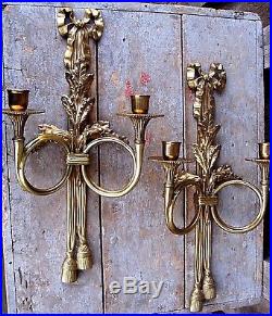 Pair Vintage Ribbon & Tassel Brass Wall Sconce Home Garden Taper Candle Holders