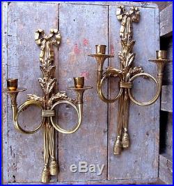 Pair Vintage Ribbon & Tassel Brass Wall Sconce Home Garden Taper Candle Holders