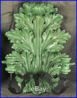Pair Vintage Shabby Decorator Rococo Style Green Candle Holder Wall Sconces (JJ)
