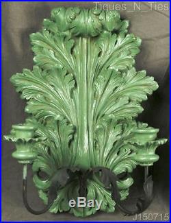 Pair Vintage Shabby Decorator Rococo Style Green Candle Holder Wall Sconces (JJ)