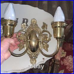 Pair Vintage Solid Brass Double Arm Electric Light Sconces Ornate Design 10