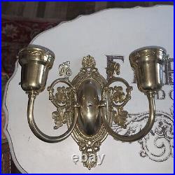 Pair Vintage Solid Brass Double Arm Electric Light Sconces Ornate Design 10