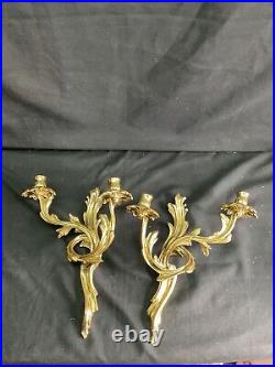 Pair Vintage Solid Brass Twin Scroll Leafy Wall Sconces Candle Holders Italy