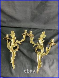 Pair Vintage Solid Brass Twin Scroll Leafy Wall Sconces Candle Holders Italy