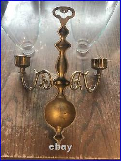 Pair Vintage Solid Brass Wall Sconce Double Arm Candle Holders w Glass- 12.5