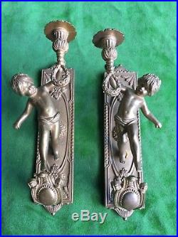 Pair Vintage Solid Heavy Brass Cherub Candle Stick Holder Wall Sconces Italian