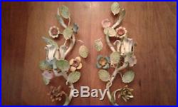 Pair Vintage Tole Metal Candle Holders Wall Sconce Flowers Chippy Italian