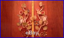 Pair Vintage Tole Metal Candle Holders Wall Sconce Flowers Chippy Italian