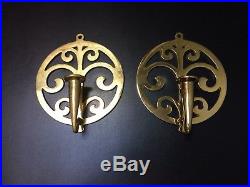 Pair Virginia Metalcrafters Brass Wall Sconce Candle Holder Round Tree of Life