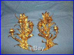 Pair Vtg GILT GOLD HOLLYWOOD REGENCY ITALY ROSE WALL SCONCE TABLE CANDLE HOLDERS