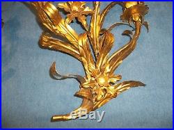Pair Vtg GILT GOLD HOLLYWOOD REGENCY ITALY ROSE WALL SCONCE TABLE CANDLE HOLDERS
