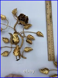 Pair Vtg GILT GOLD HOLLYWOOD REGENCY WALL SCONCES- CANDLE HOLDERS- TAGGED ITALY