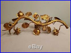 Pair Vtg GILT TOLEWARE GOLD HOLLYWOOD REGENCY ITALY WALL SCONCE CANDLE HOLDERS