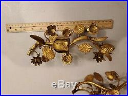 Pair Vtg GILT TOLEWARE GOLD HOLLYWOOD REGENCY ITALY WALL SCONCE CANDLE HOLDERS