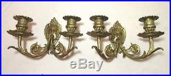 Pair antique 1800s ornate gilt brass candle holder wall sconces fixtures figural