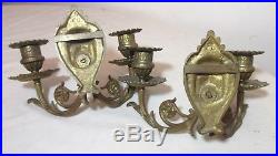 Pair antique 1800s ornate gilt brass candle holder wall sconces fixtures figural