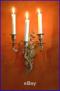 Pair antique French solid bronze 3 armed wall sconces acanthus leaves