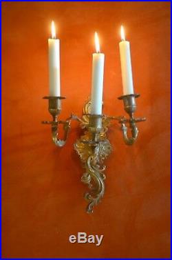 Pair antique French solid bronze 3 armed wall sconces acanthus leaves