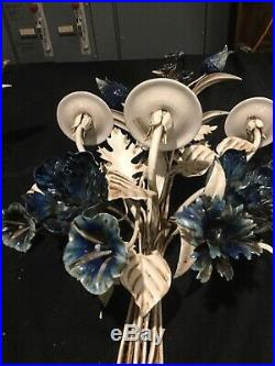 Pair antique ITALIAN METAL FLOWER WALL CANDLE HOLDERS SCONCE. White Blue D5