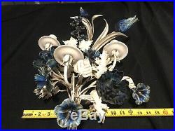 Pair antique ITALIAN METAL FLOWER WALL CANDLE HOLDERS SCONCE. White Blue D5
