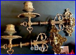 Pair antique brass ornate piano candle wall sconces holders swivel back plate