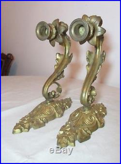 Pair antique ornate 1800s Victorian dore bronze wall sconce candle holders brass