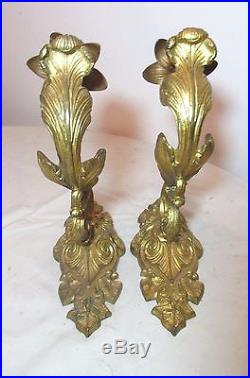 Pair antique ornate 1800s Victorian dore bronze wall sconce candle holders brass