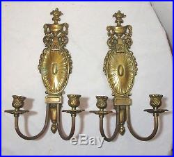 Pair antique ornate Empire style gilt brass candle holder wall sconces fixtures