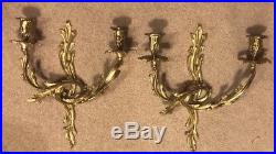 Pair antique ornate brass rococo style wall mount candle holder sconce 18