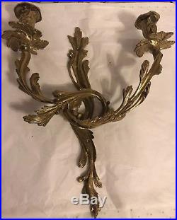 Pair antique ornate brass rococo style wall mount candle holder sconce 18