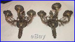 Pair antique ornate gilt brass 3 arm candle holder wall sconces fixtures bronze