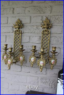 Pair bronze limoges porcelan fragonard medaillons wall candle holders sconces